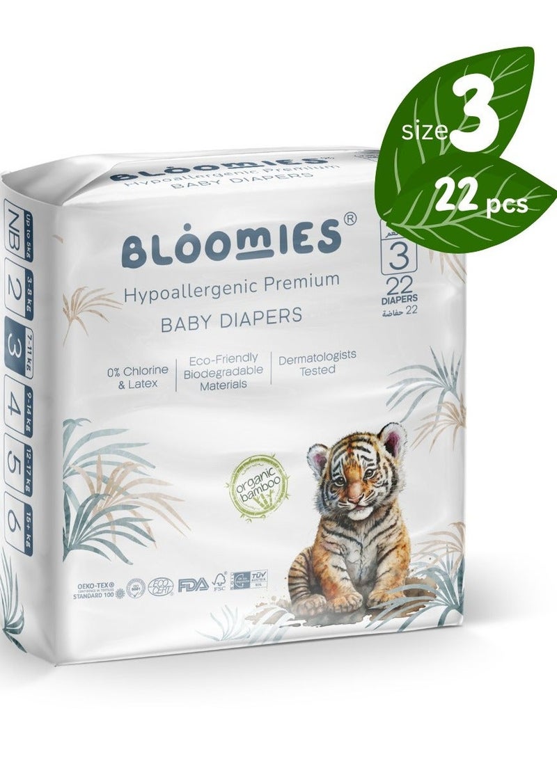 Bloomies حفاضات أطفال عضوية من الخيزران مقاس 3 (7-11 كجم) 22 قطعة | صديقة للبيئة، مضادة للحساسية، غير سامة، حزمة حفاضات قابلة للتنفس - Image 2